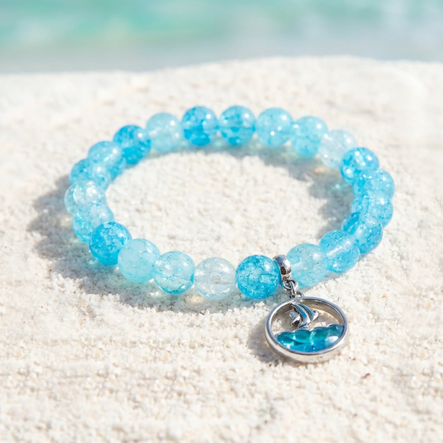 Tropical Fish Charm Bracelet - Blue Crackle Recycled 8mm Glass Beads  | Save Marine Life - Blue - Approx. 6.93"/17.6cm - image 2