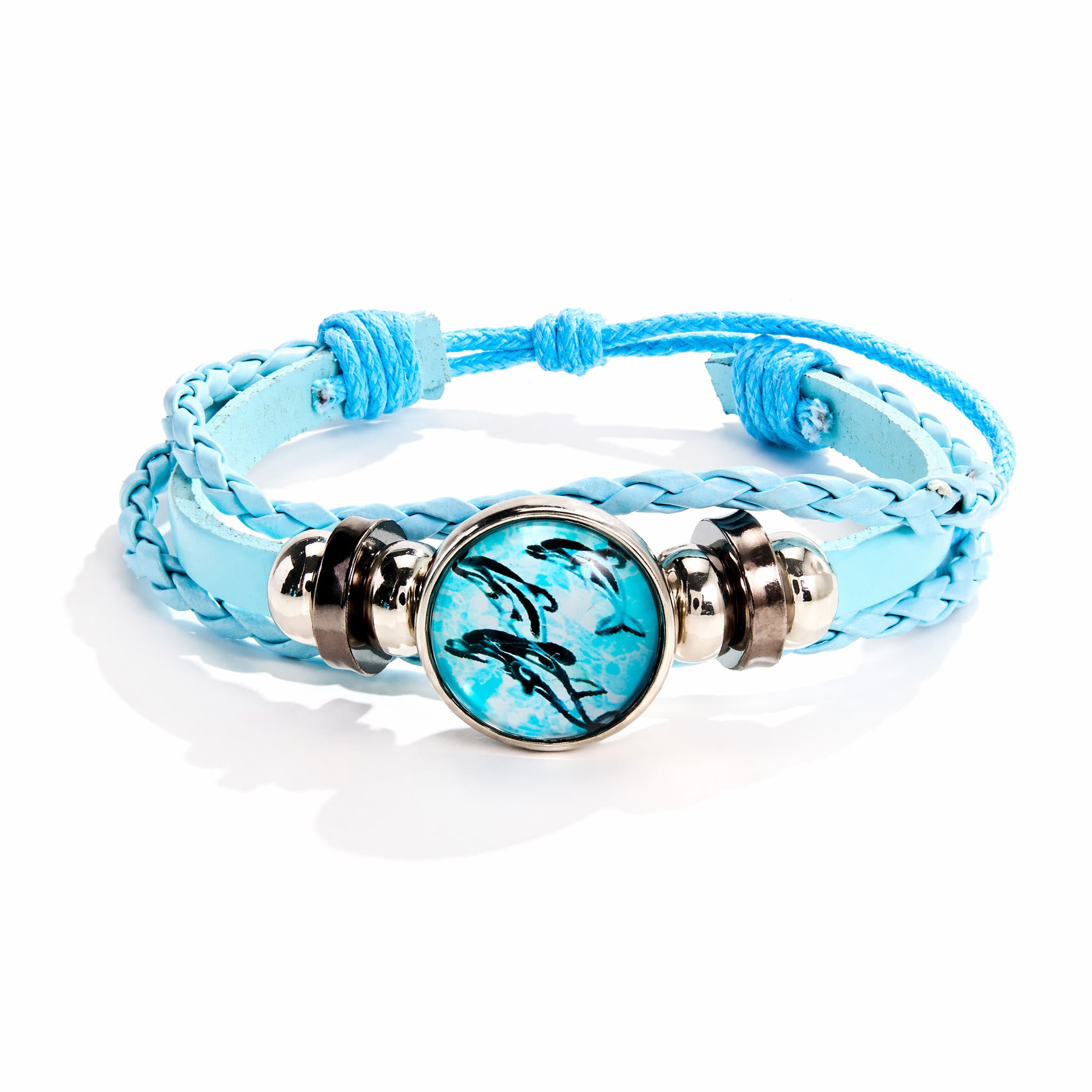 For Dolphin Lovers - Braided Blue Leather Boho Recycled Bracelet | Support Clean Ocean Project - Blue - 6.69"+1.97"/17+5cm - image 0
