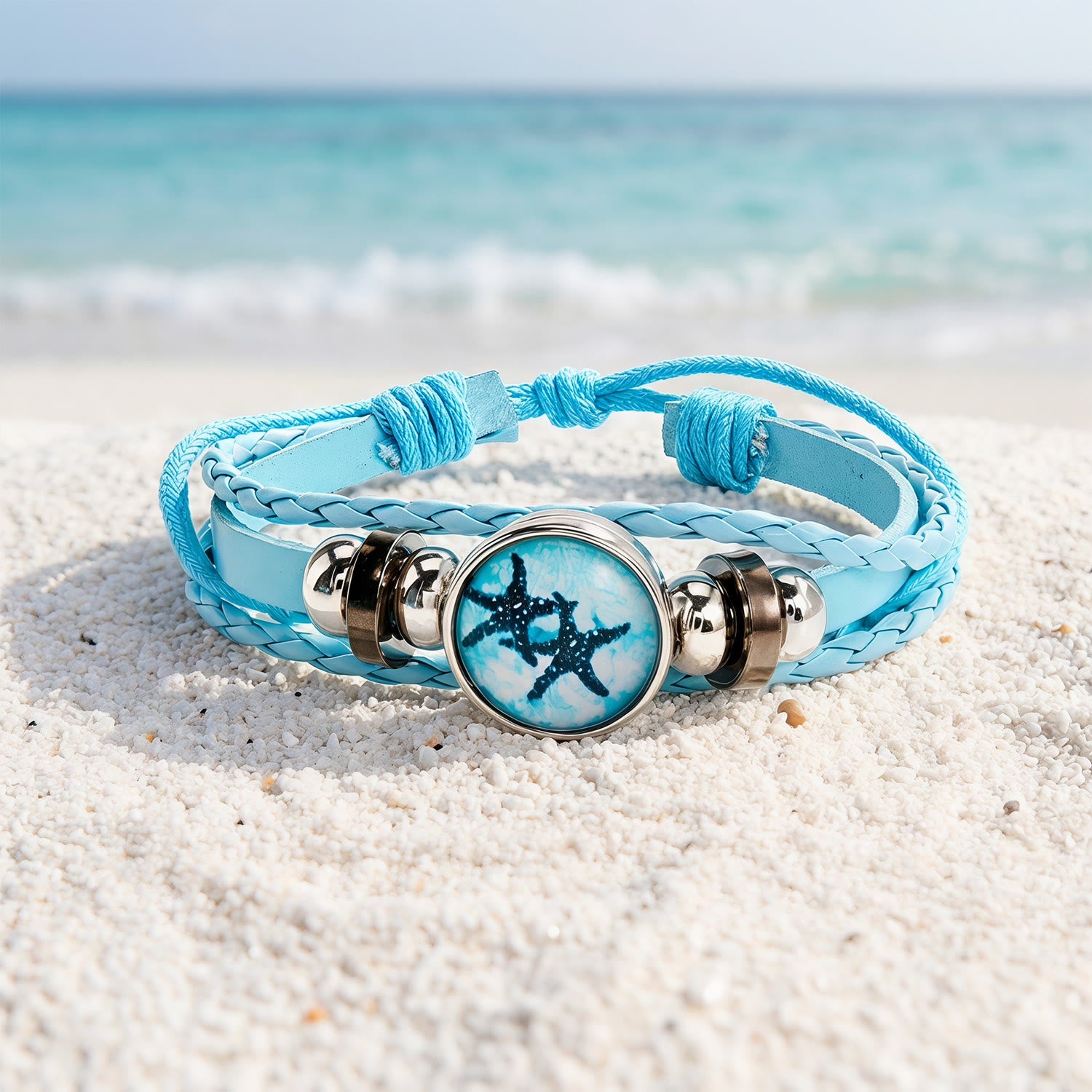 Save The Ocean Recycled Braided Leather Starfish Bracelet | Protect Marine Animals - Blue - 6.69"+1.97"/17+5cm - image 2