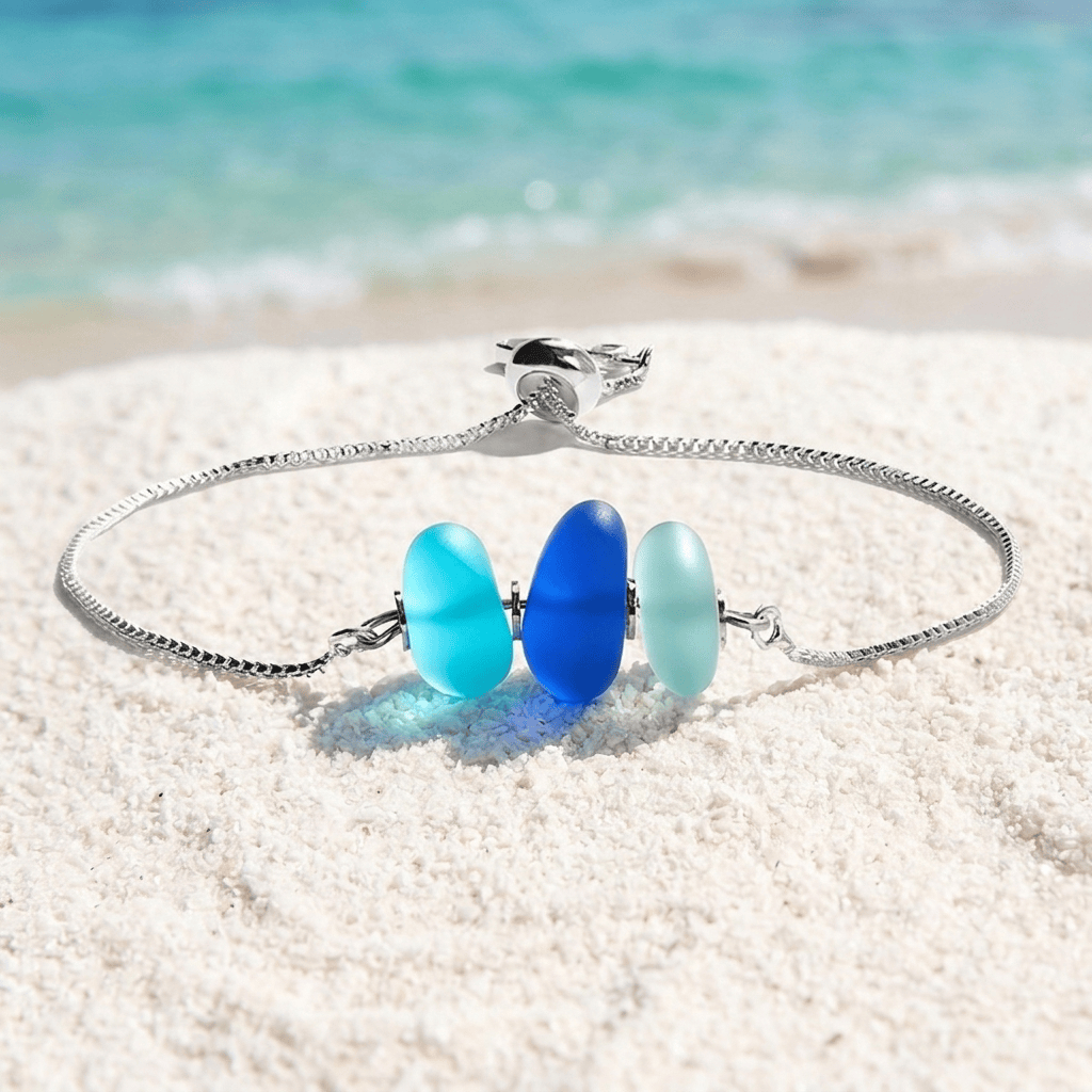Save The Ocean Triple Bracelet - Recycled Handcrafted Multicolor Sea Glass Beads - Blue - Adjustable (Max 9.45inch / 24cm) - image 0