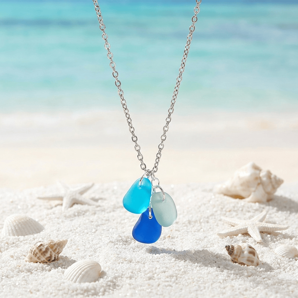 Saves Marine Animals The Ocean Tears Necklace - Recycled Triple Frosted Sea Glass Drop Pendant - Blue - 19.7inch / 50cm - image 0