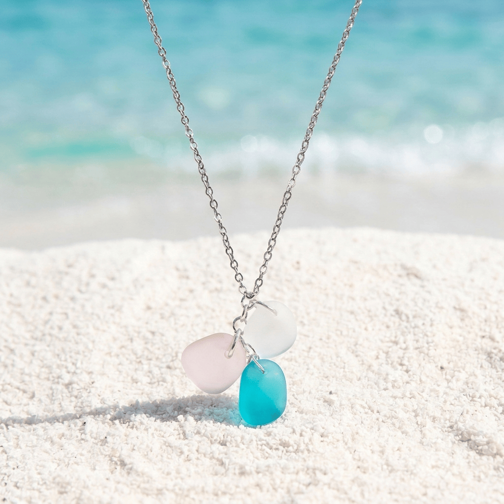 Saves Marine Animals The Ocean Tears Necklace - Recycled Triple Frosted Sea Glass Drop Pendant - Blue Pink - 19.7inch / 50cm - image 8