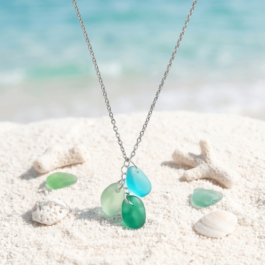 Saves Marine Animals The Ocean Tears Necklace - Recycled Triple Frosted Sea Glass Drop Pendant - Blue Green - 19.7inch / 50cm - image 6