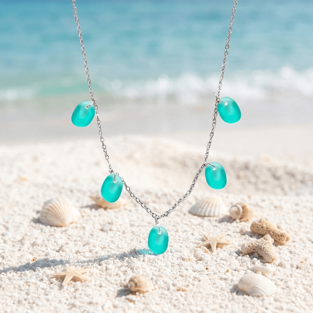 Supports Sea Rescue Ocean Goddess Dangle Necklace - Recycled 5 Teardrop Frosted Sea Glass Charms - Blue Green - 19.7inch / 50cm - image 5