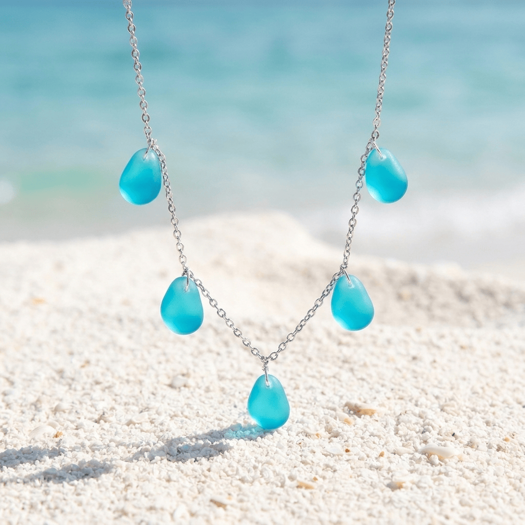 Supports Sea Rescue Ocean Goddess Dangle Necklace - Recycled 5 Teardrop Frosted Sea Glass Charms - Blue - 19.7inch / 50cm - image 0