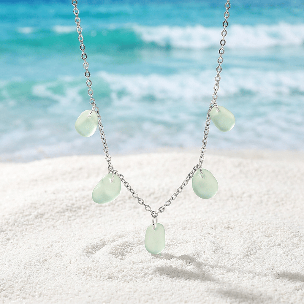 Supports Sea Rescue Ocean Goddess Dangle Necklace - Recycled 5 Teardrop Frosted Sea Glass Charms - LIght Green - 19.7inch / 50cm - image 7