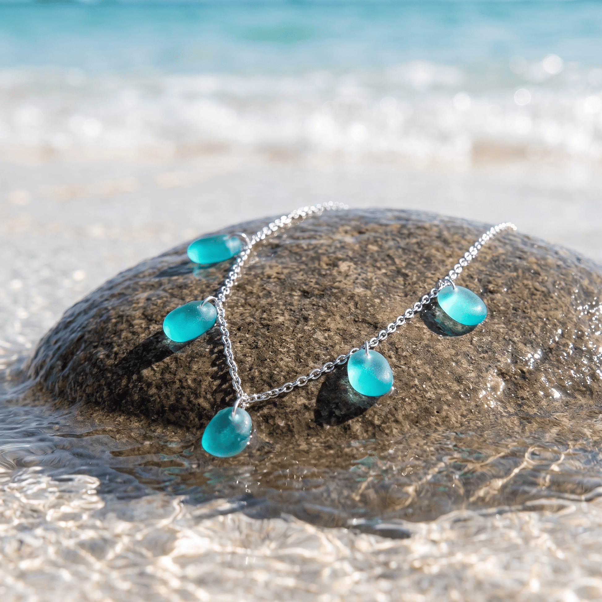 Supports Sea Rescue Ocean Goddess Dangle Necklace - Recycled 5 Teardrop Frosted Sea Glass Charms - image 4