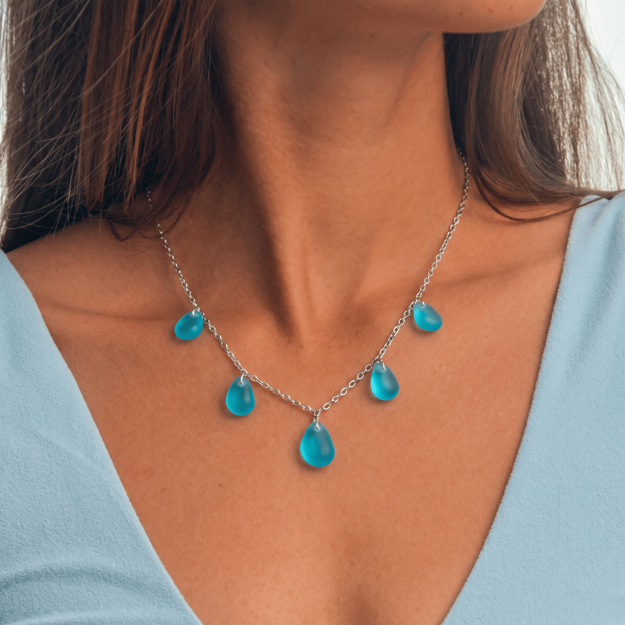 Supports Sea Rescue Ocean Goddess Dangle Necklace - Recycled 5 Teardrop Frosted Sea Glass Charms - image 1