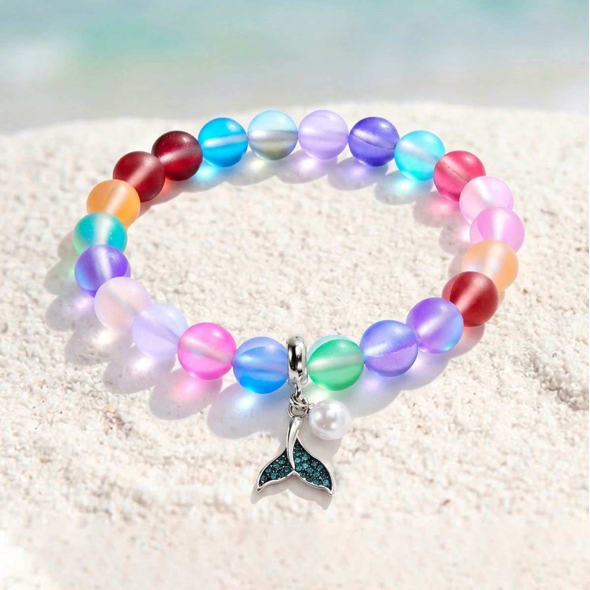 Save The Ocean Whale Bracelet - Recycled 8mm Frosted Sea Glass Beads With Whale Tail Charm - Rainbow - Approx. 6.93"/17.6cm - image 10