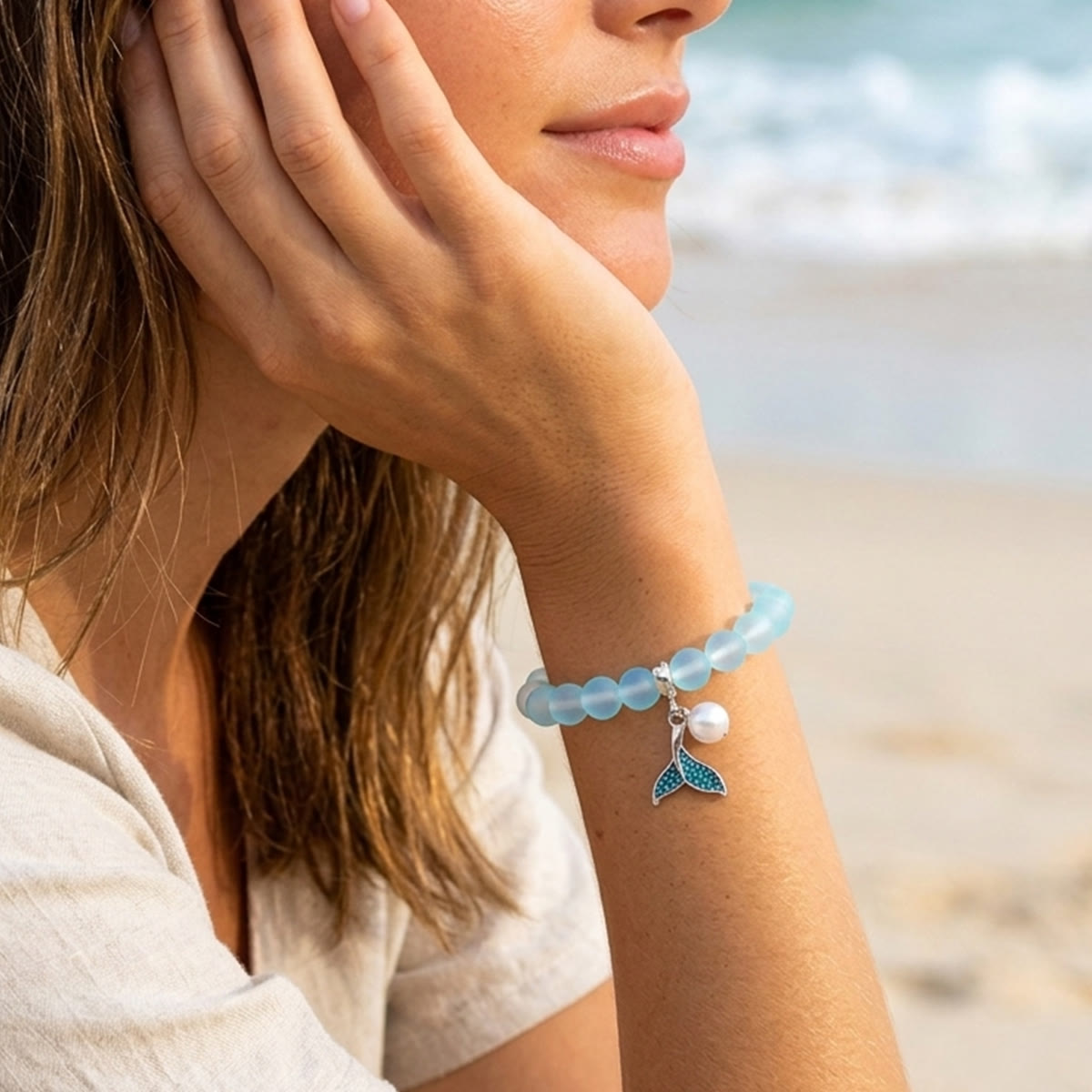Save The Ocean Whale Bracelet - Recycled 8mm Frosted Sea Glass Beads With Whale Tail Charm - image 1