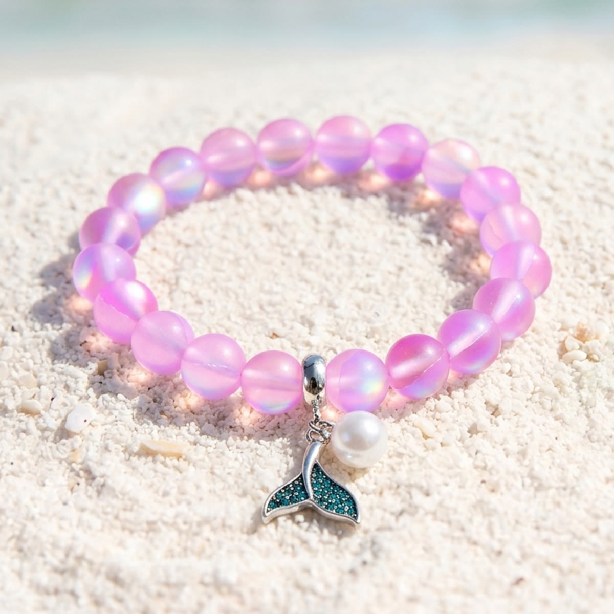 Save The Ocean Whale Bracelet - Recycled 8mm Frosted Sea Glass Beads With Whale Tail Charm - Pink - Approx. 6.93"/17.6cm - image 22