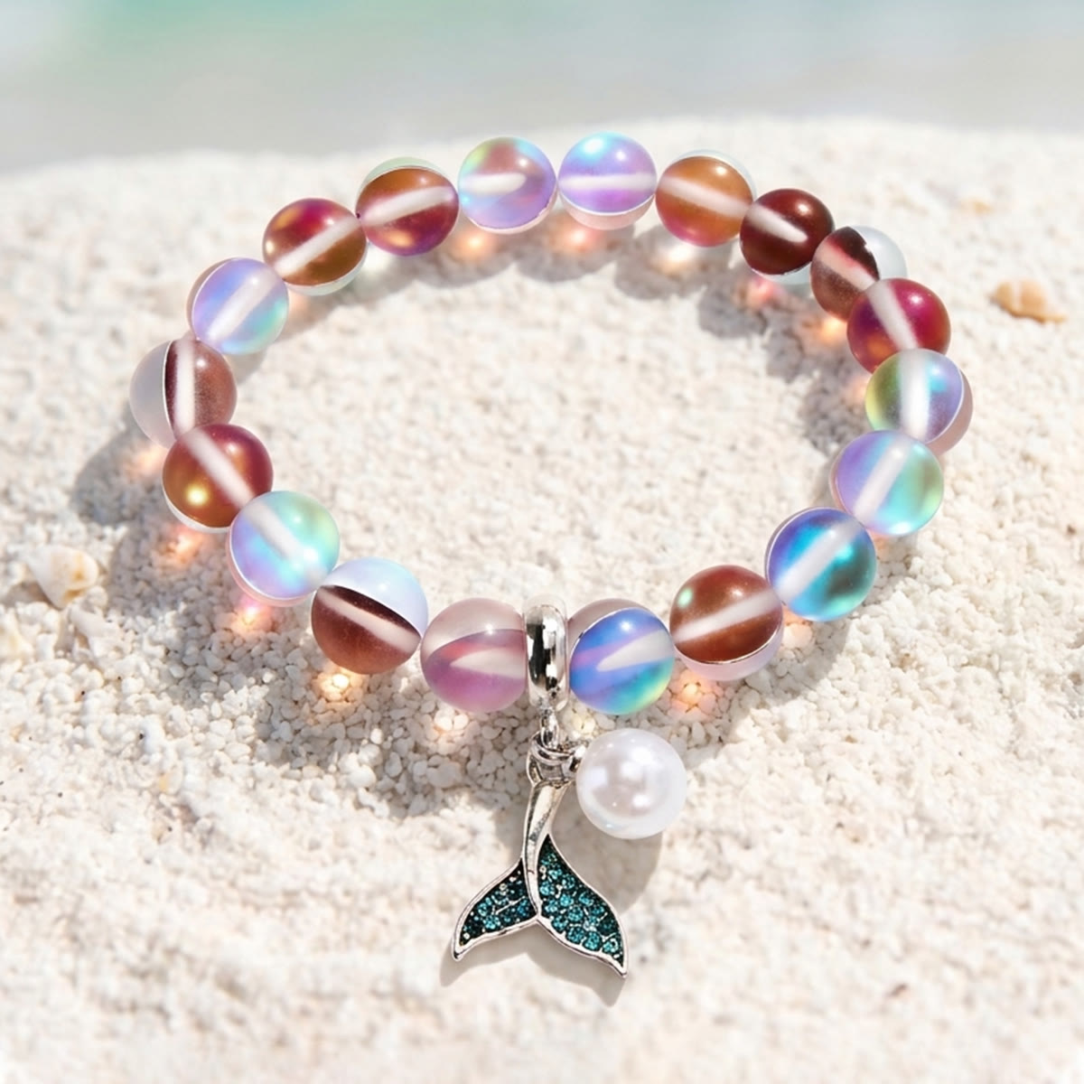 Save The Ocean Whale Bracelet - Recycled 8mm Frosted Sea Glass Beads With Whale Tail Charm - Red - Approx. 6.93"/17.6cm - image 25
