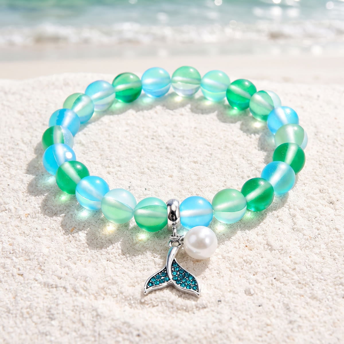 Save The Ocean Whale Bracelet - Recycled 8mm Frosted Sea Glass Beads With Whale Tail Charm - Green - Approx. 6.93"/17.6cm - image 13
