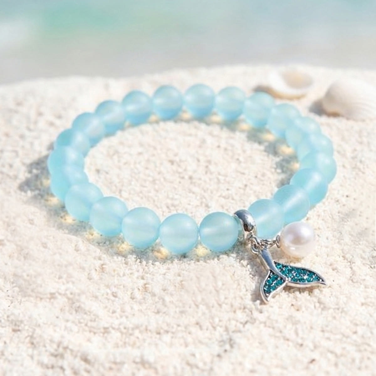 Save The Ocean Whale Bracelet - Recycled 8mm Frosted Sea Glass Beads With Whale Tail Charm - image 5