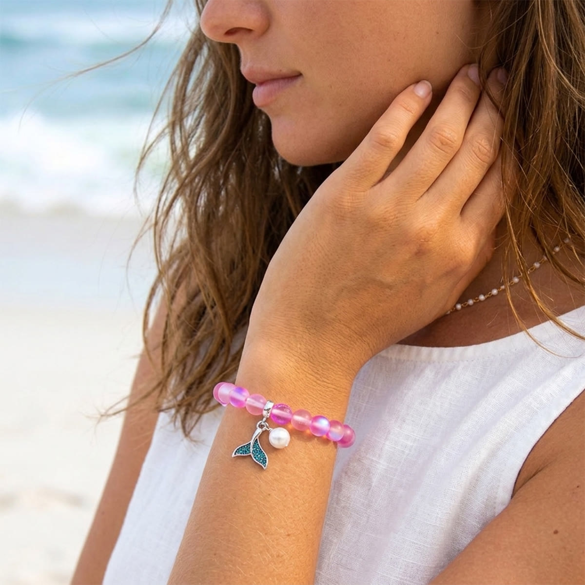 Save The Ocean Whale Bracelet - Recycled 8mm Frosted Sea Glass Beads With Whale Tail Charm - image 8