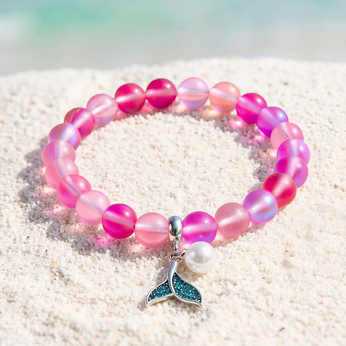 Save The Ocean Whale Bracelet - Recycled 8mm Frosted Sea Glass Beads With Whale Tail Charm - Rose Red - Approx. 6.93"/17.6cm - image 7
