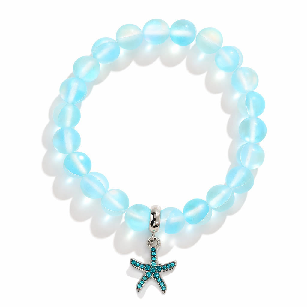 Supports Ocean Conservation Sea Stars Bracelet - Recycled 8mm Frosted Sea Glass Beads With Starfish Charm - image 0