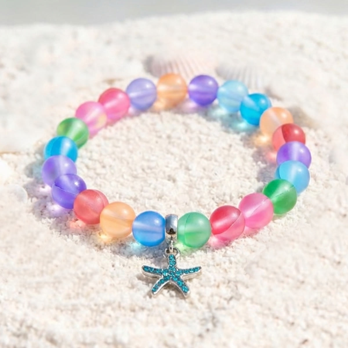 Supports Ocean Conservation Sea Stars Bracelet - Recycled 8mm Frosted Sea Glass Beads With Starfish Charm - Rainbow - Approx. 6.93"/17.6cm - image 10