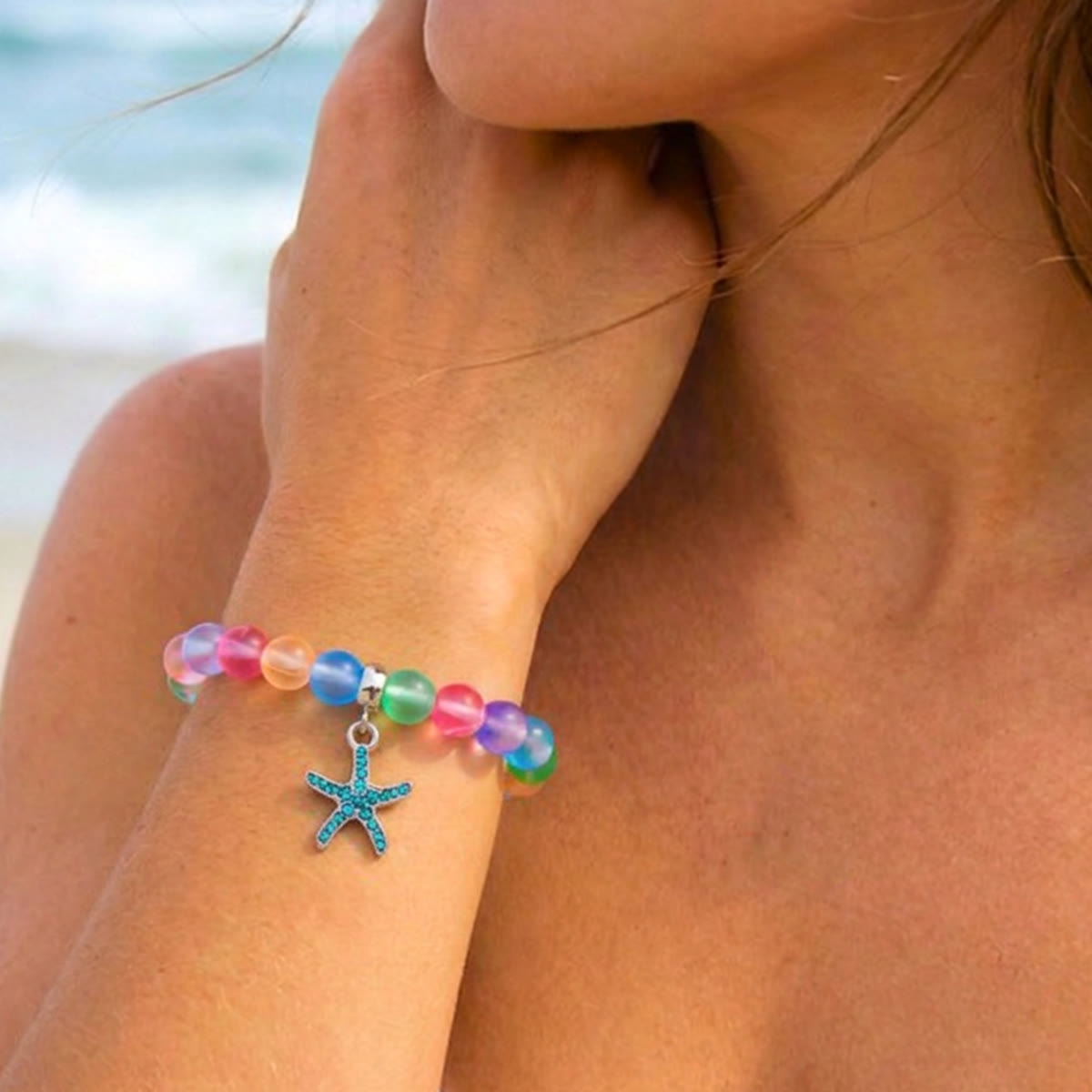 Supports Ocean Conservation Sea Stars Bracelet - Recycled 8mm Frosted Sea Glass Beads With Starfish Charm - image 11