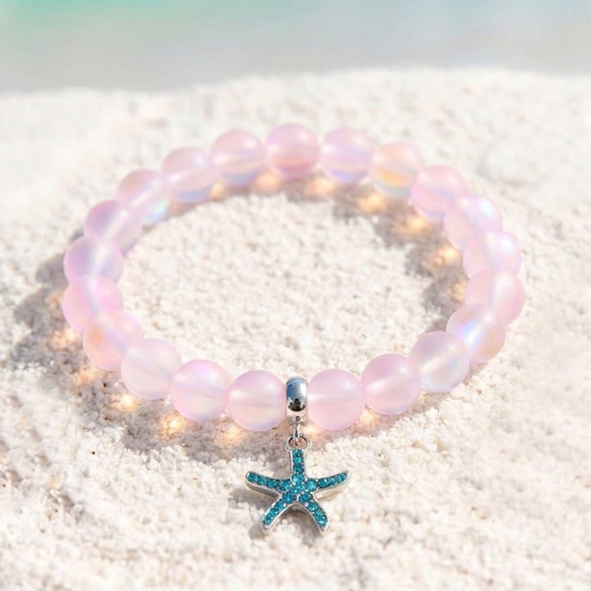 Supports Ocean Conservation Sea Stars Bracelet - Recycled 8mm Frosted Sea Glass Beads With Starfish Charm - Light Pink - Approx. 6.93"/17.6cm - image 19