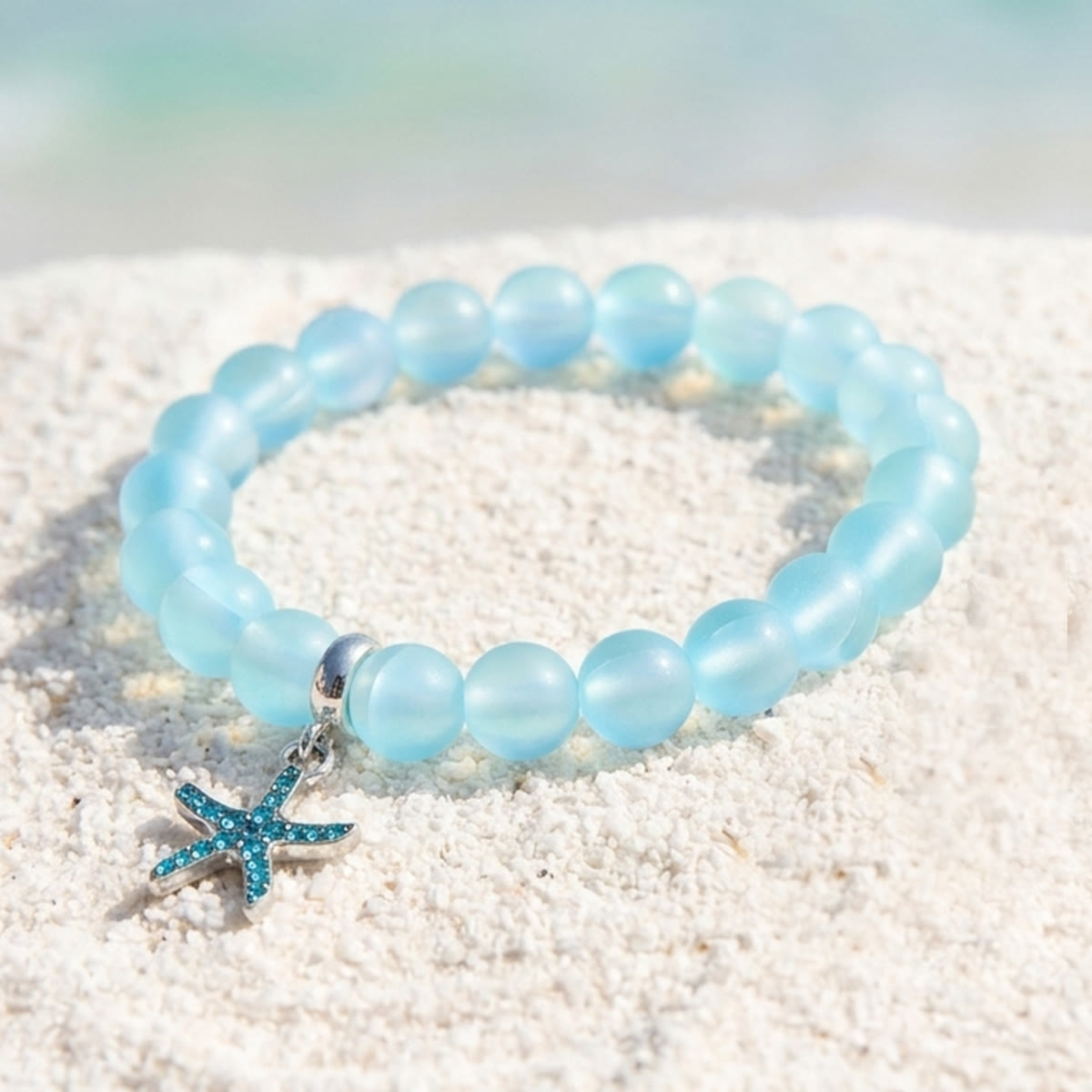 Supports Ocean Conservation Sea Stars Bracelet - Recycled 8mm Frosted Sea Glass Beads With Starfish Charm - image 6