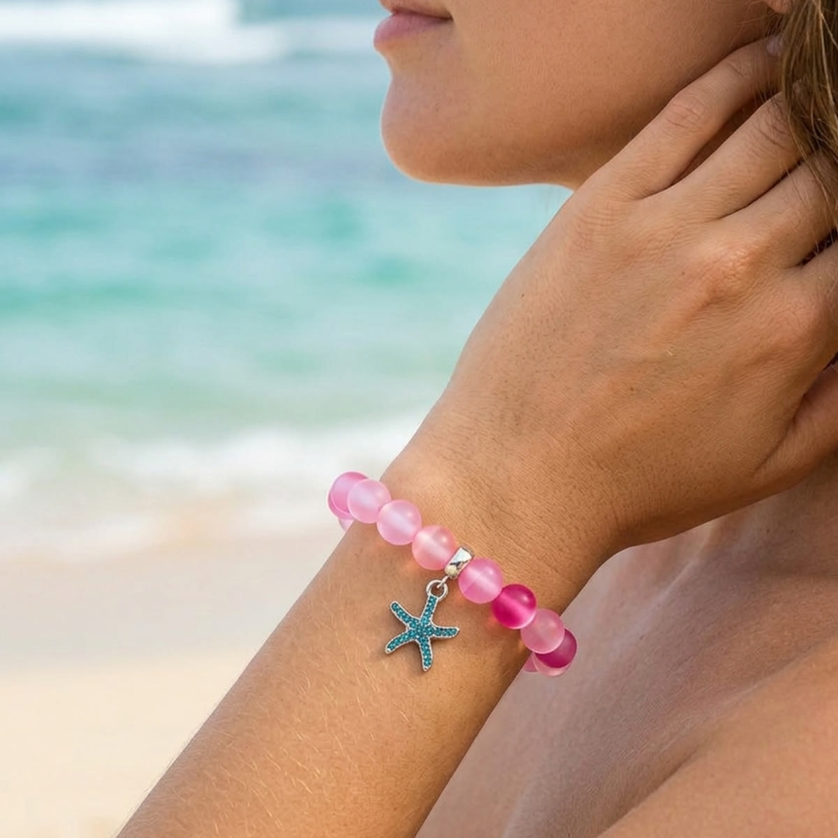 Supports Ocean Conservation Sea Stars Bracelet - Recycled 8mm Frosted Sea Glass Beads With Starfish Charm - image 9