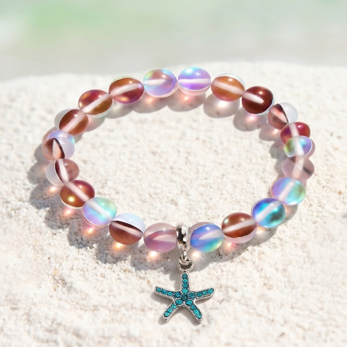 Supports Ocean Conservation Sea Stars Bracelet - Recycled 8mm Frosted Sea Glass Beads With Starfish Charm - Red - Approx. 6.93"/17.6cm - image 25