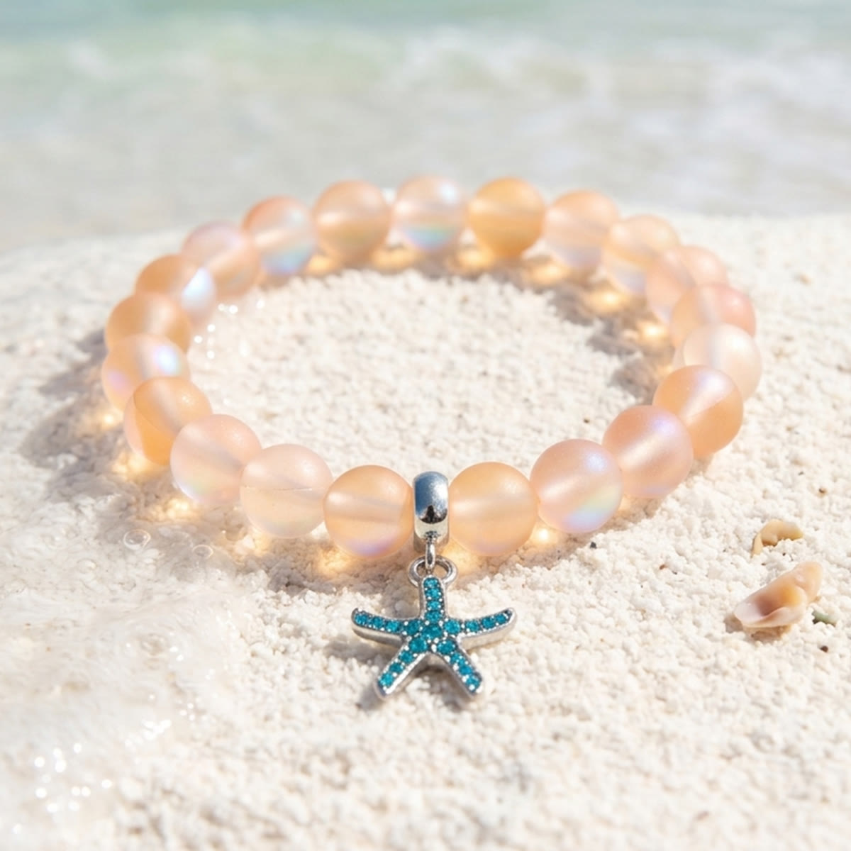 Supports Ocean Conservation Sea Stars Bracelet - Recycled 8mm Frosted Sea Glass Beads With Starfish Charm - Yellow - Approx. 6.93"/17.6cm - image 16
