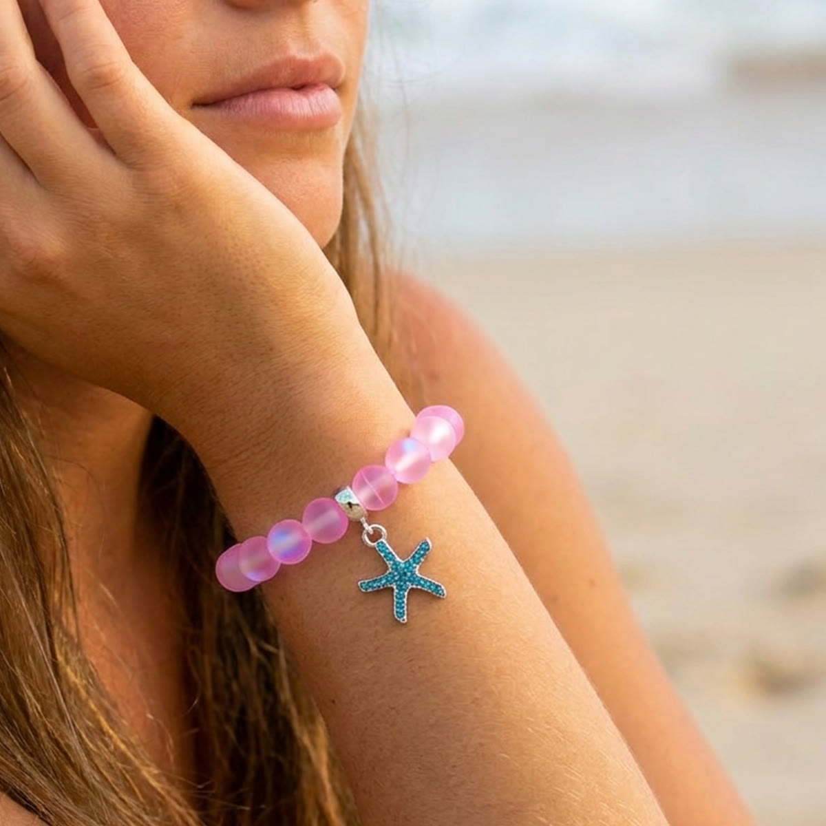 Supports Ocean Conservation Sea Stars Bracelet - Recycled 8mm Frosted Sea Glass Beads With Starfish Charm - image 23
