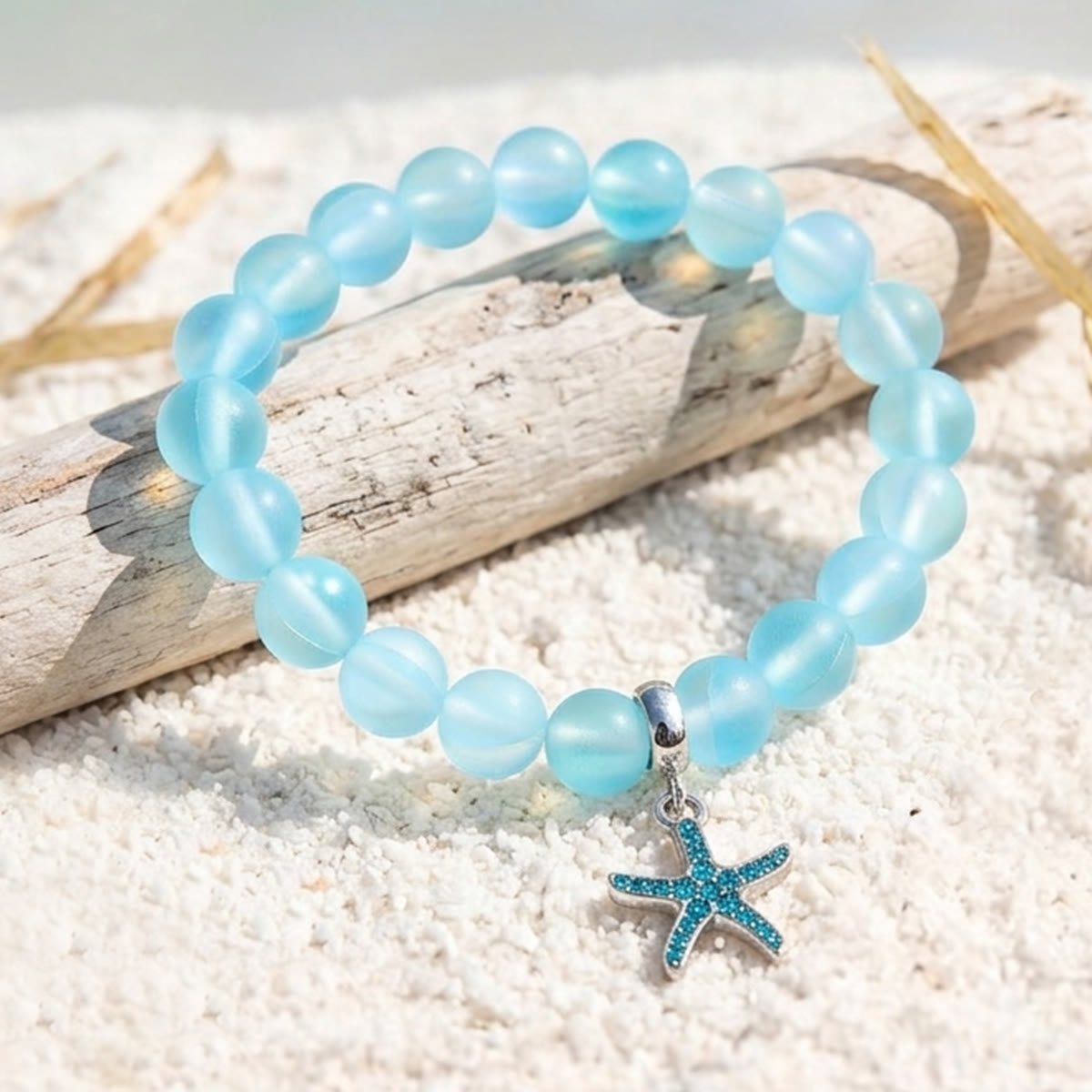 Supports Ocean Conservation Sea Stars Bracelet - Recycled 8mm Frosted Sea Glass Beads With Starfish Charm - image 5