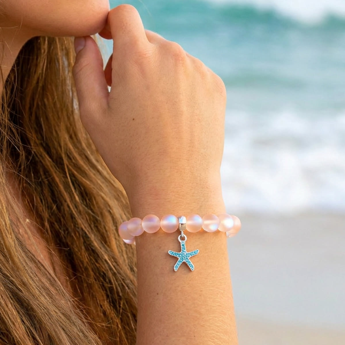 Supports Ocean Conservation Sea Stars Bracelet - Recycled 8mm Frosted Sea Glass Beads With Starfish Charm - image 17