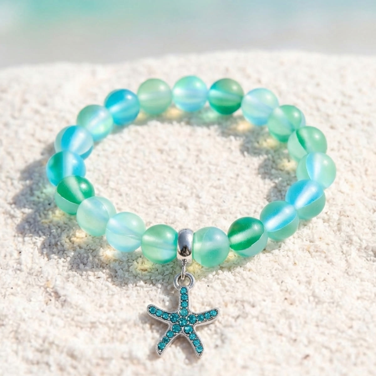 Supports Ocean Conservation Sea Stars Bracelet - Recycled 8mm Frosted Sea Glass Beads With Starfish Charm - Green - Approx. 6.93"/17.6cm - image 13