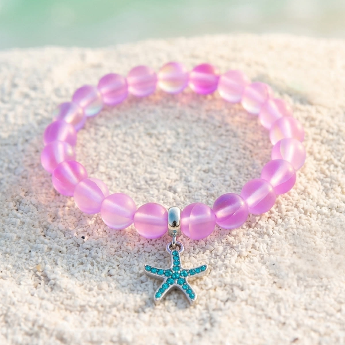 Supports Ocean Conservation Sea Stars Bracelet - Recycled 8mm Frosted Sea Glass Beads With Starfish Charm - Pink - Approx. 6.93"/17.6cm - image 22