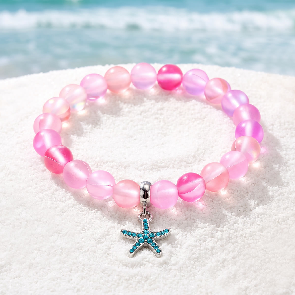 Supports Ocean Conservation Sea Stars Bracelet - Recycled 8mm Frosted Sea Glass Beads With Starfish Charm - Rose Red - Approx. 6.93"/17.6cm - image 7