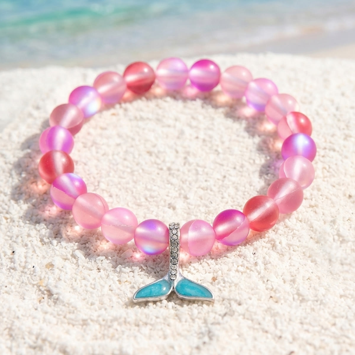 Ocean Guardian Protect Whale Bracelet - Recycled 8mm Frosted Sea Glass Beads With Whale Tail - Rose Red - Approx. 6.93"/17.6cm - image 7