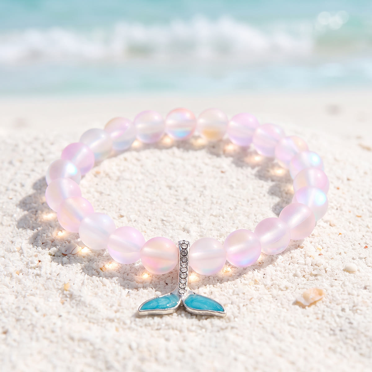 Ocean Guardian Protect Whale Bracelet - Recycled 8mm Frosted Sea Glass Beads With Whale Tail - Light Pink - Approx. 6.93"/17.6cm - image 19