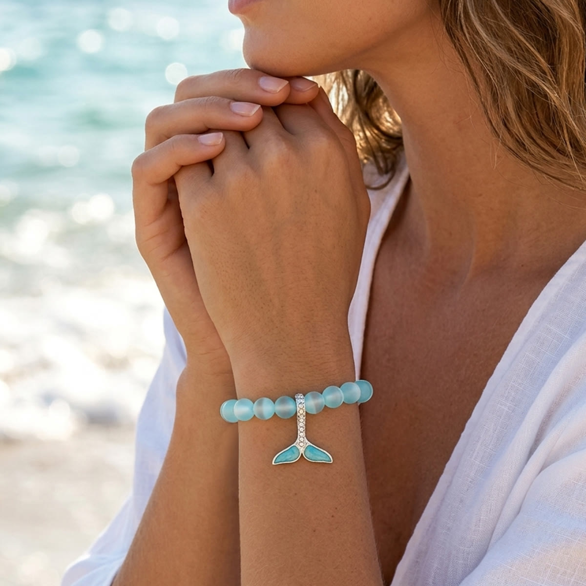 Ocean Guardian Protect Whale Bracelet - Recycled 8mm Frosted Sea Glass Beads With Whale Tail - image 1