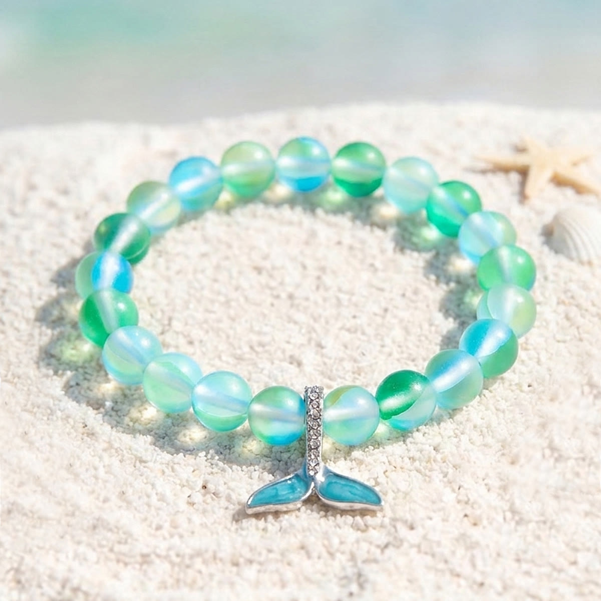 Ocean Guardian Protect Whale Bracelet - Recycled 8mm Frosted Sea Glass Beads With Whale Tail - Green - Approx. 6.93"/17.6cm - image 13