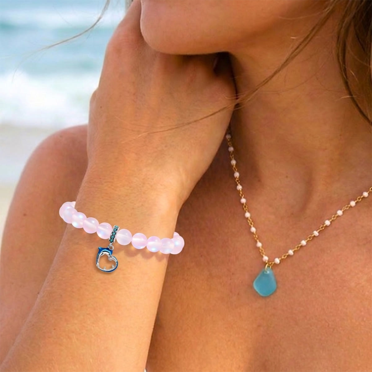 Ocean Guardian Dolphin Bracelet - Handmade Recycled 8mm Frosted Sea Glass Beads With Dolphin Charm - image 20