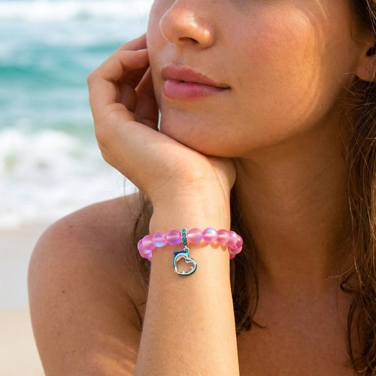 Ocean Guardian Dolphin Bracelet - Handmade Recycled 8mm Frosted Sea Glass Beads With Dolphin Charm - image 8