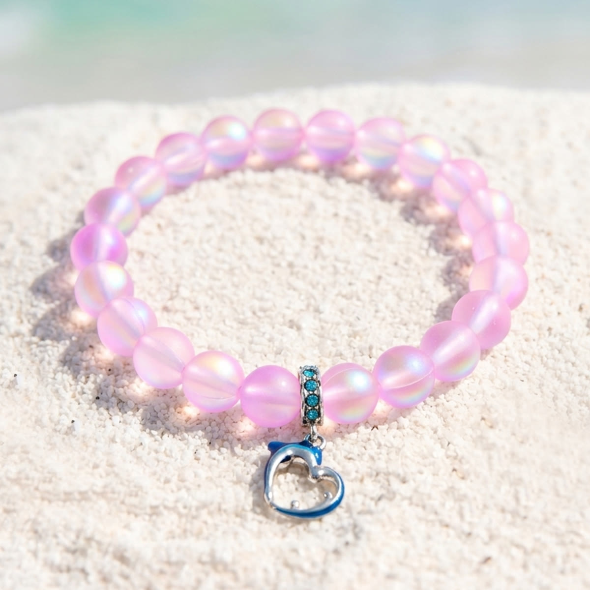 Ocean Guardian Dolphin Bracelet - Handmade Recycled 8mm Frosted Sea Glass Beads With Dolphin Charm - Pink - Approx. 6.93"/17.6cm - image 22