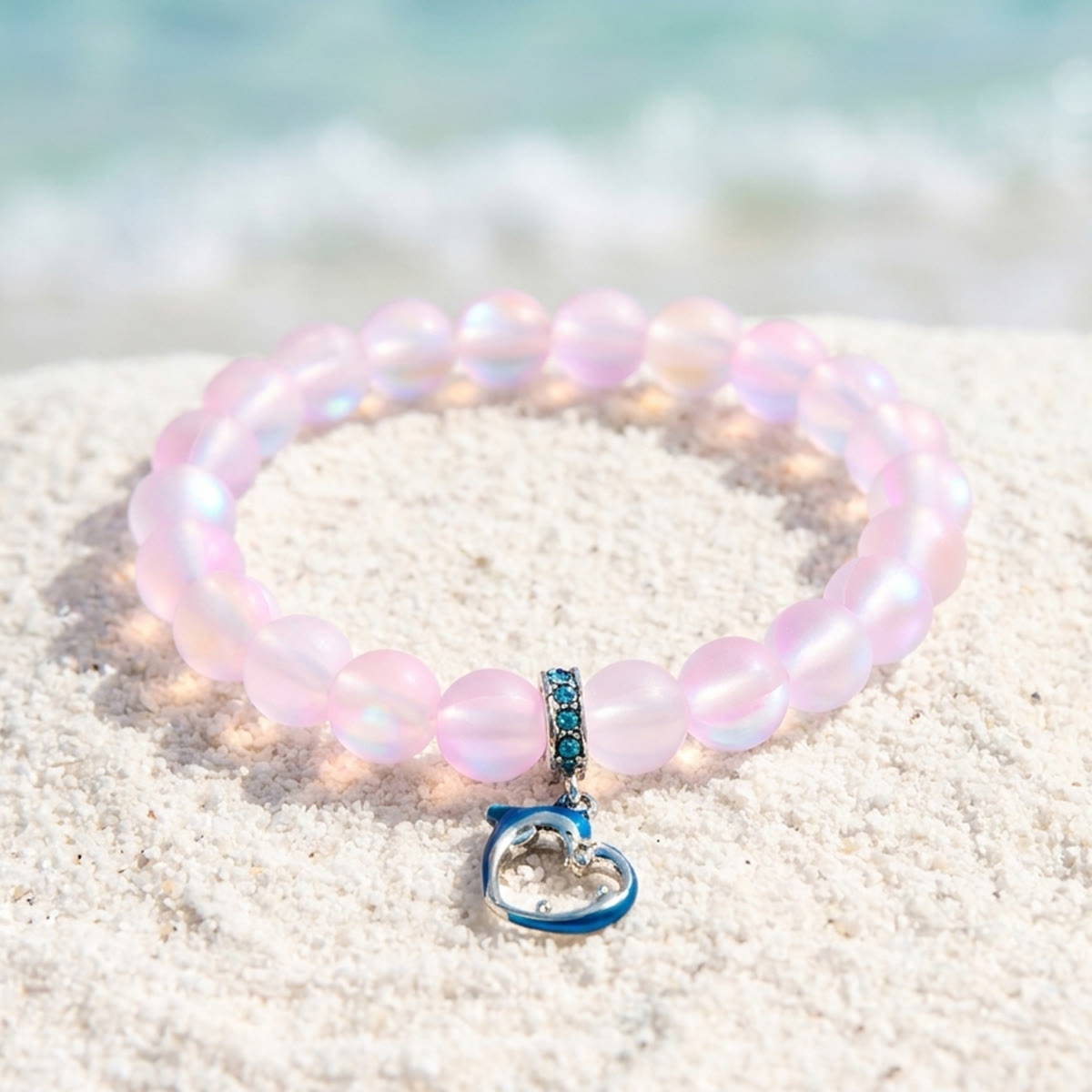 Ocean Guardian Dolphin Bracelet - Handmade Recycled 8mm Frosted Sea Glass Beads With Dolphin Charm - Light Pink - Approx. 6.93"/17.6cm - image 19