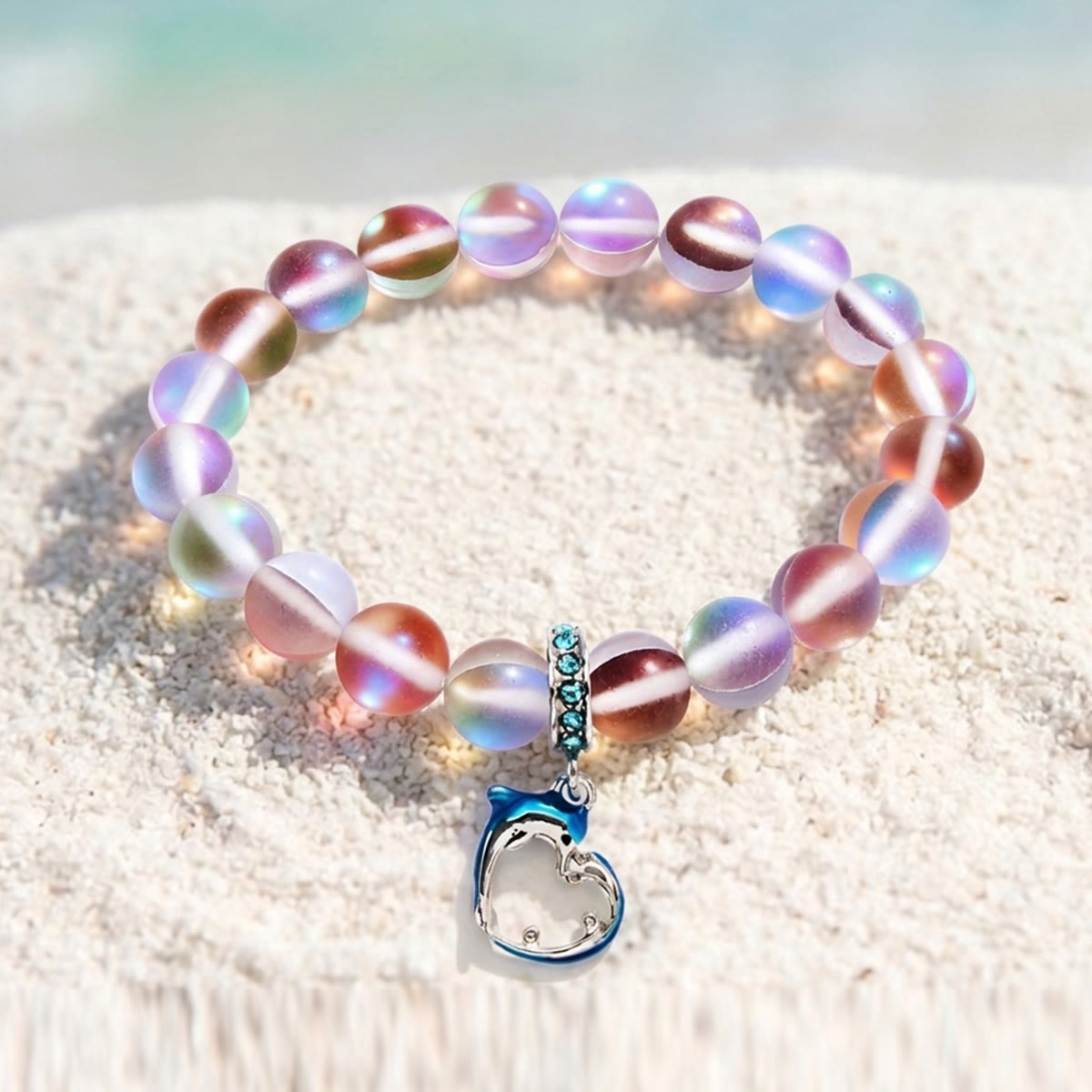 Ocean Guardian Dolphin Bracelet - Handmade Recycled 8mm Frosted Sea Glass Beads With Dolphin Charm - Red - Approx. 6.93"/17.6cm - image 26