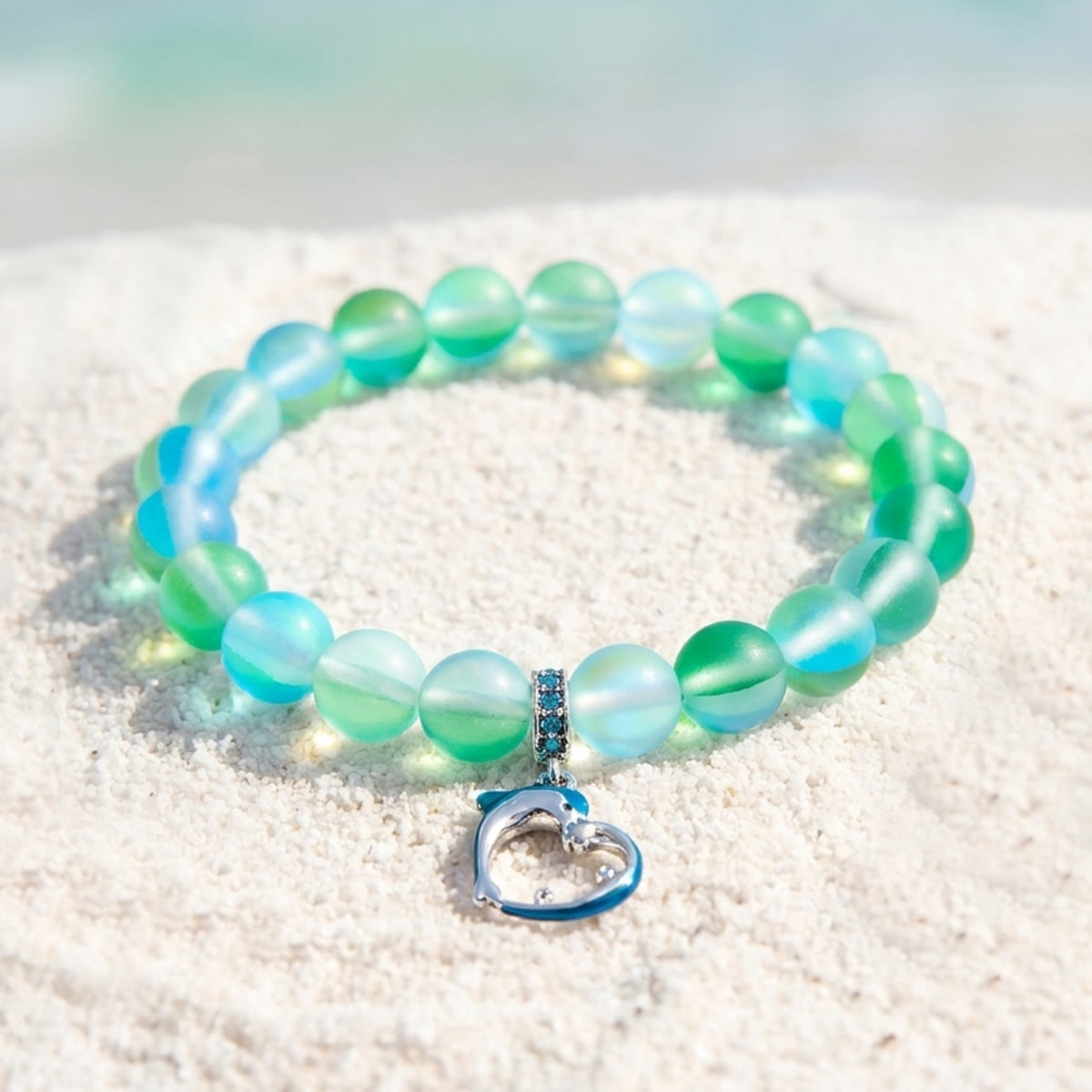 Ocean Guardian Dolphin Bracelet - Handmade Recycled 8mm Frosted Sea Glass Beads With Dolphin Charm - Green - Approx. 6.93"/17.6cm - image 13