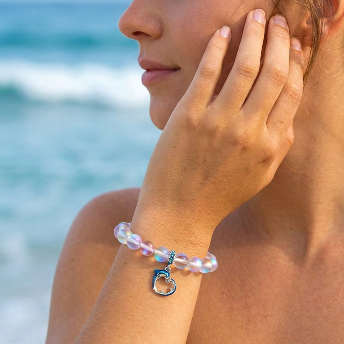 Ocean Guardian Dolphin Bracelet - Handmade Recycled 8mm Frosted Sea Glass Beads With Dolphin Charm - image 25