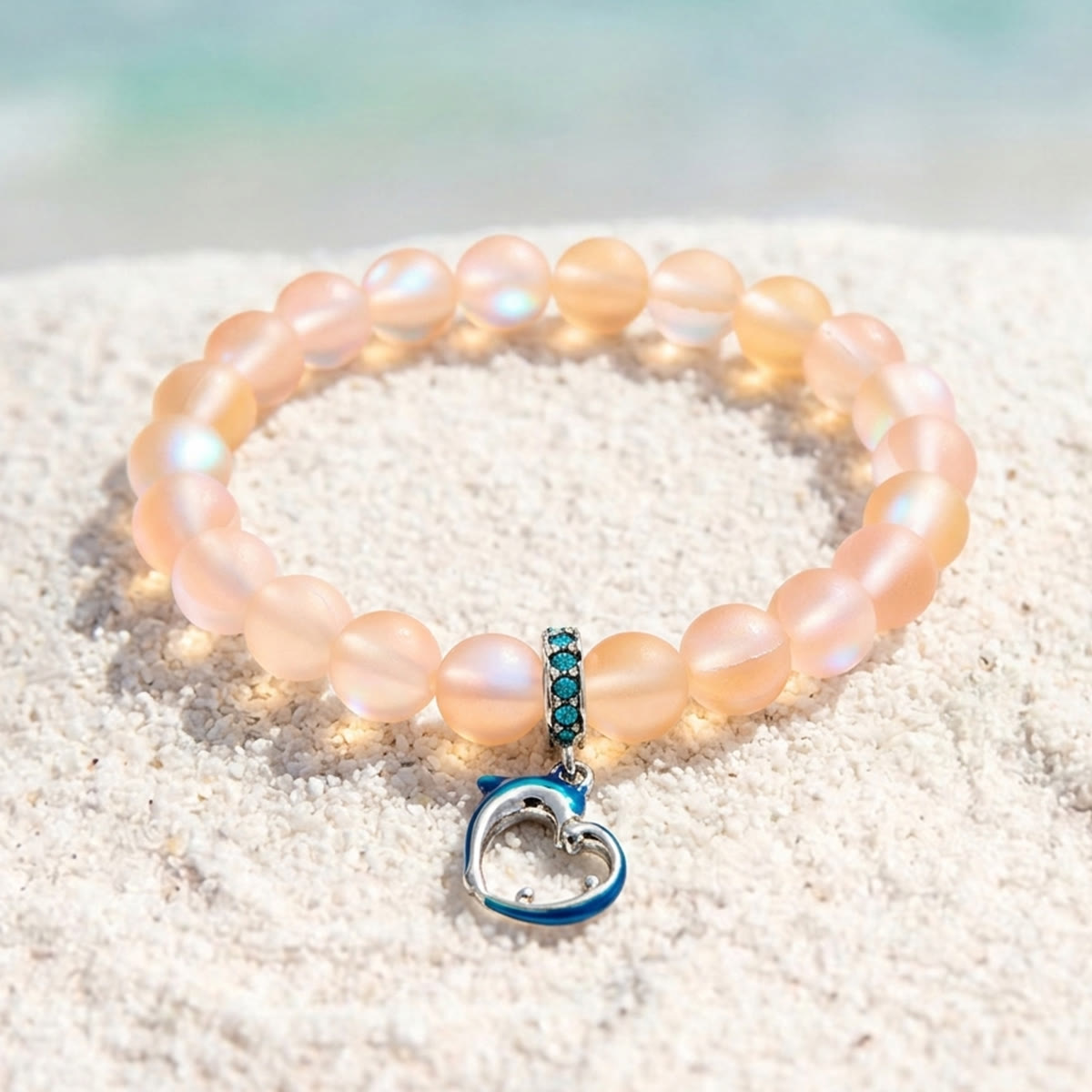 Ocean Guardian Dolphin Bracelet - Handmade Recycled 8mm Frosted Sea Glass Beads With Dolphin Charm - Yellow - Approx. 6.93"/17.6cm - image 16