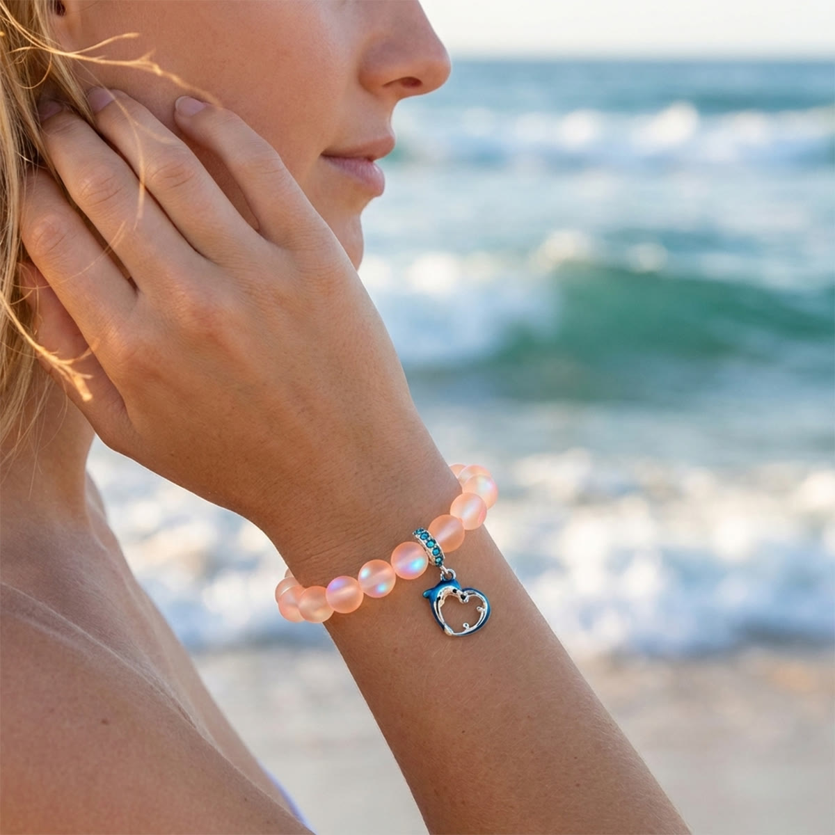 Ocean Guardian Dolphin Bracelet - Handmade Recycled 8mm Frosted Sea Glass Beads With Dolphin Charm - image 17