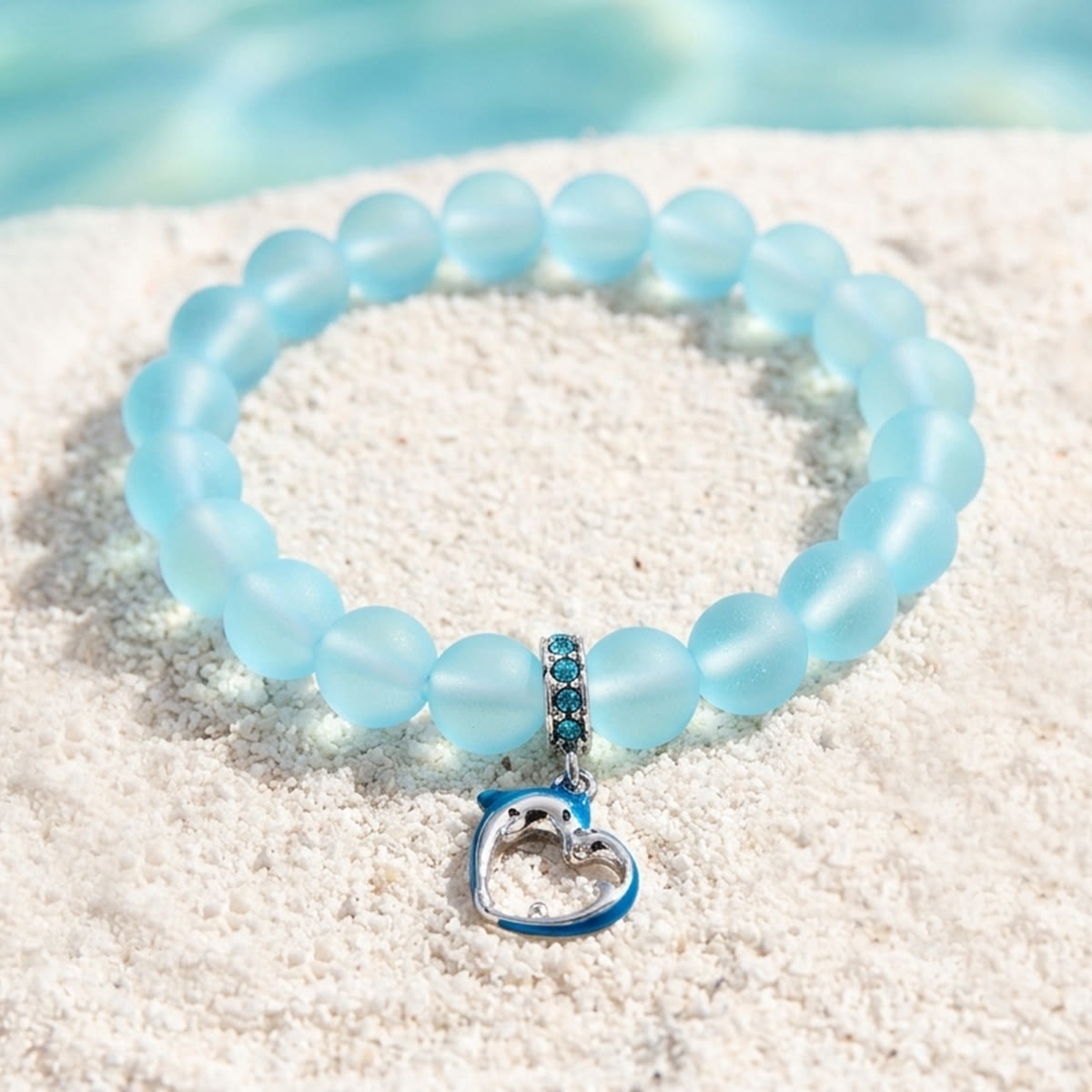 Ocean Guardian Dolphin Bracelet - Handmade Recycled 8mm Frosted Sea Glass Beads With Dolphin Charm - Light Blue - Approx. 6.93"/17.6cm - image 2