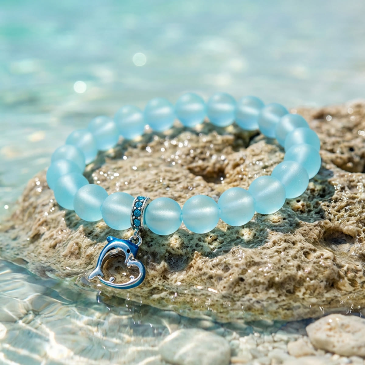 Ocean Guardian Dolphin Bracelet - Handmade Recycled 8mm Frosted Sea Glass Beads With Dolphin Charm - image 6