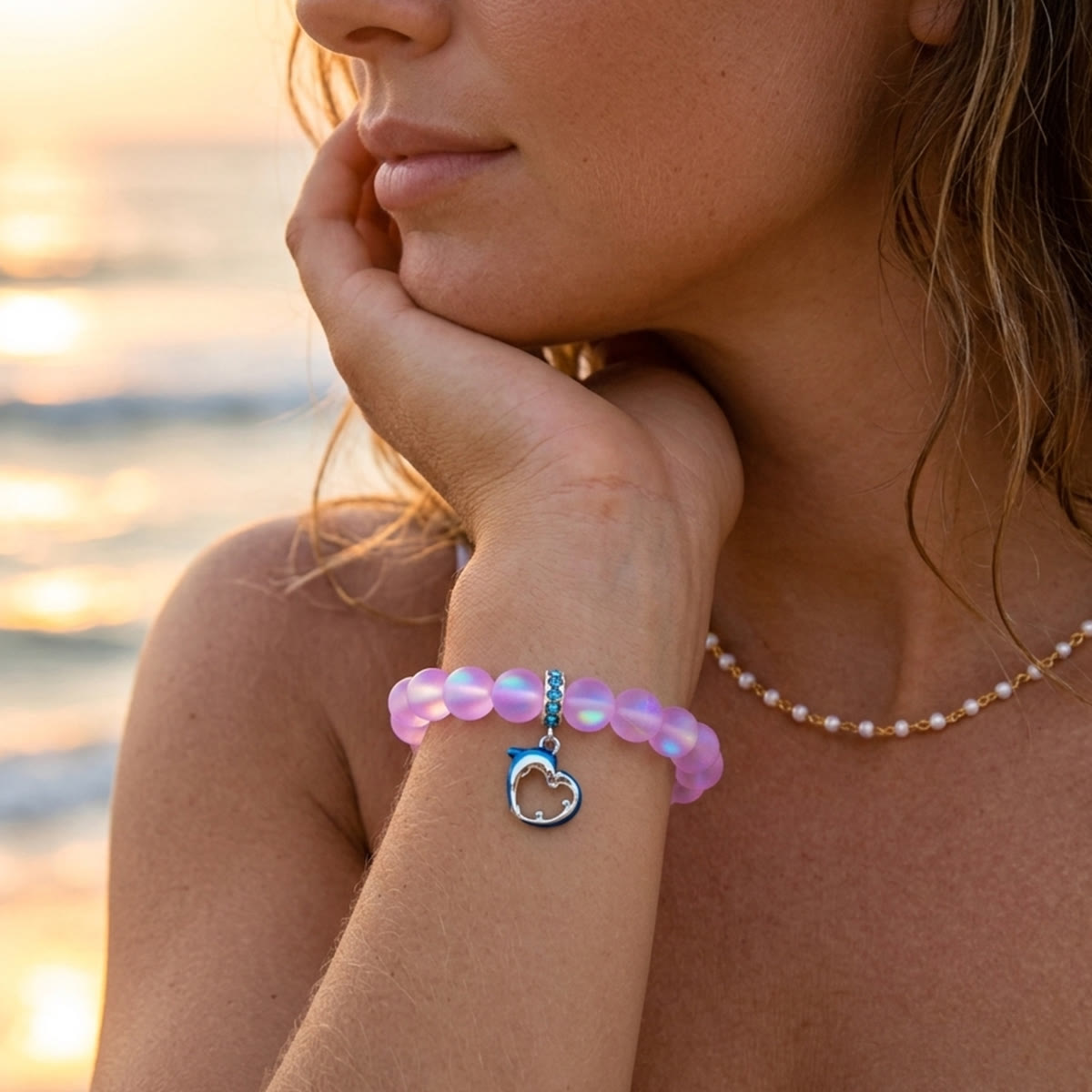 Ocean Guardian Dolphin Bracelet - Handmade Recycled 8mm Frosted Sea Glass Beads With Dolphin Charm - image 23